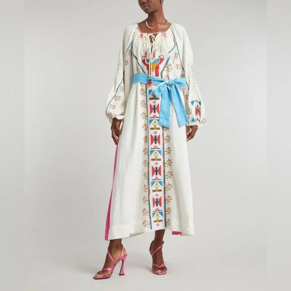 Farm Rio Macaw Embroidered Linen Caftan Midi-Dress